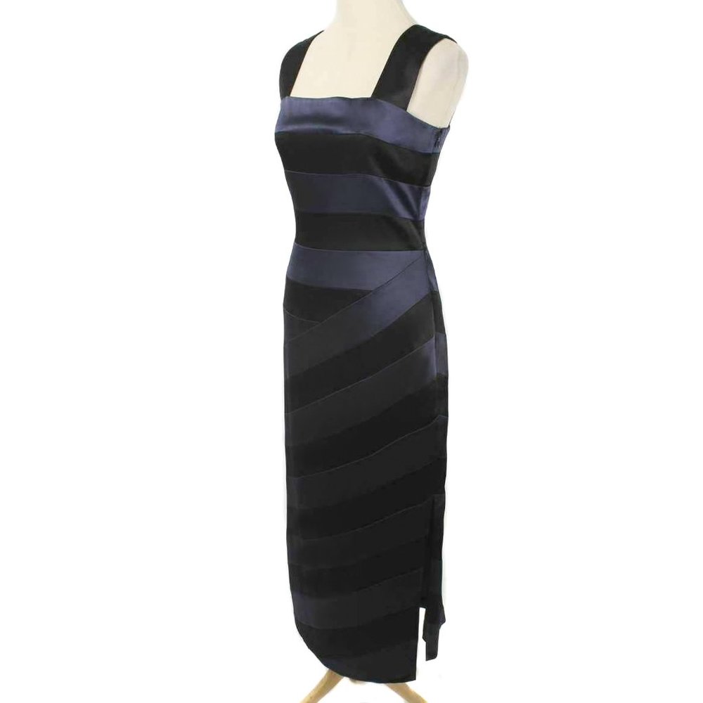 NITELINE Navy & Black Striped Long Satin Gown - Picture 2 of 5